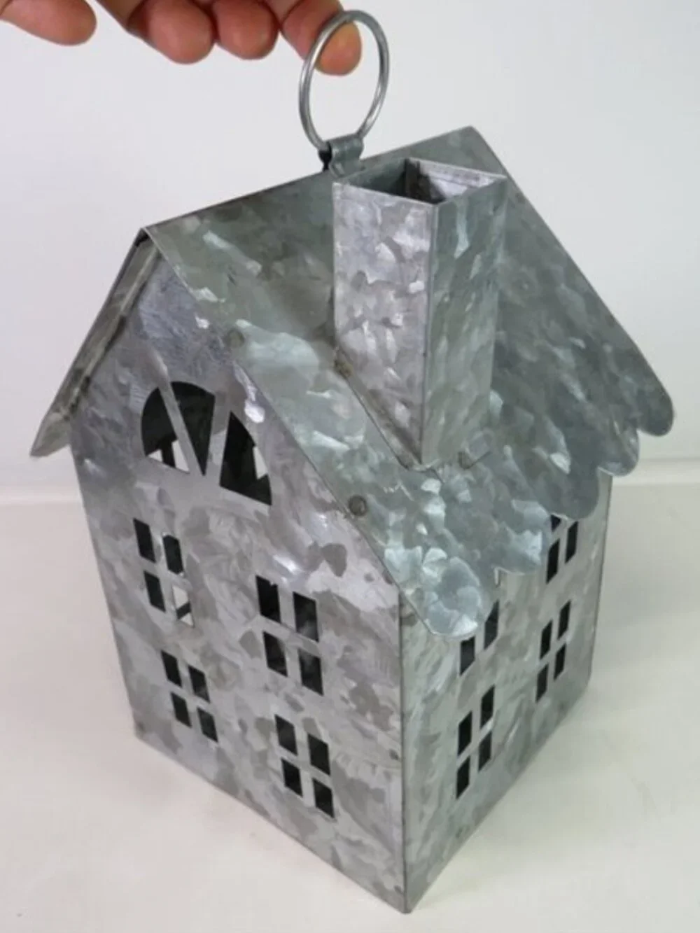 Galvanized Metal House Luminary Hanging Ring Candle Holder Scalloped Roof